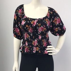 Black/Floral Smocked Waist Top